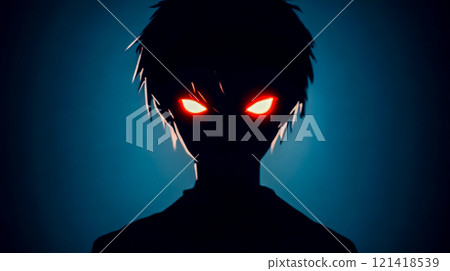 Shadowy anime character with glowing red eyes in dark background Shadowy anime character with glowing red eyes in dark background 121418539