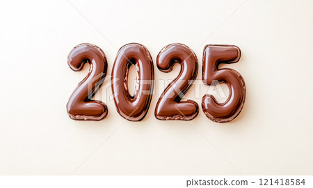 Delicious chocolate numbers forming 2025 on a warm background 121418584