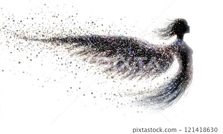Angelic figure emerging from sparkling stars on white background 121418630