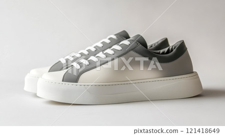 Pair of minimalist white and grey sneakers made from recycled rubber Pair of minimalist white and grey sneakers made from recycled rubber 121418649