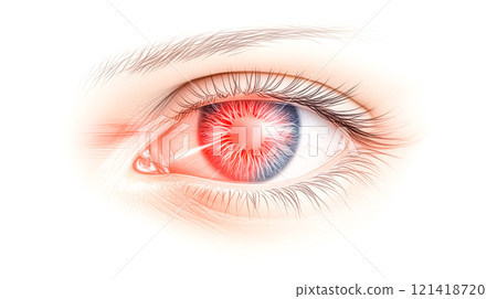 Red eye showing inflammation and pain symptom Red eye showing inflammation and pain symptom 121418720