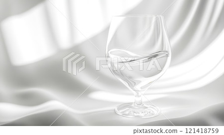 Glass of water with liquid flowing upwards defying gravity on white silk background Glass of water with liquid flowing upwards defying gravity on white silk background 121418759