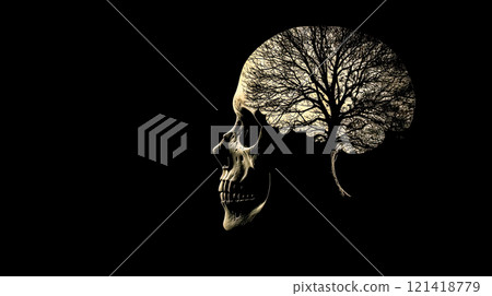 Skull with growing tree inside on black background 121418779