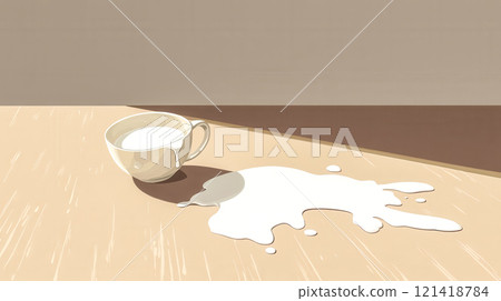 Spilled milk puddle on table with cup and sunlight Spilled milk puddle on table with cup and sunlight 121418784