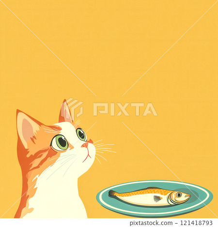 Ginger cat contemplating a plate of fish on yellow background Ginger cat contemplating a plate of fish on yellow background 121418793