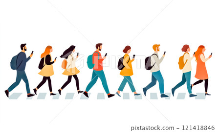Students walking on crosswalk using smartphones and backpacks 121418846