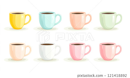 Set of pastel colored coffee mugs containing dark coffee 121418892