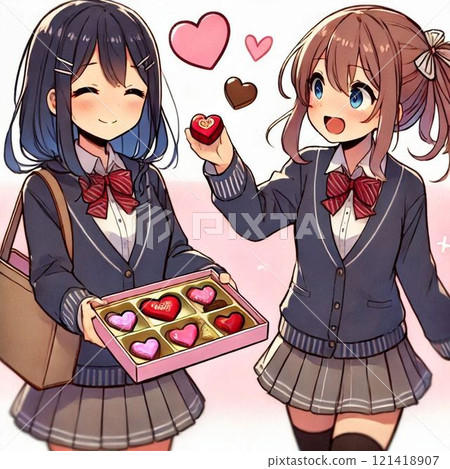 A high school girl giving chocolate to her friend on Valentine's Day 121418907