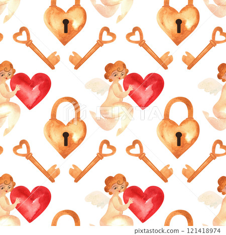 Seamless pattern with cupids, heart-shaped locks and keys. Watercolor illustration. Wrapping paper for wedding and Valentine's Day. Vintage style. 121418974