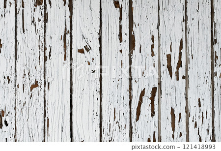 Aged white wooden peeling paint texture background 121418993