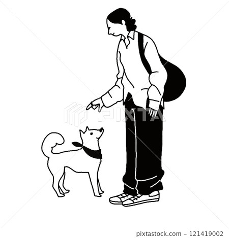 Vector line drawing of a woman with a dog 121419002