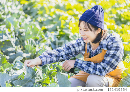 女人收穫領域的蔬菜 121419364