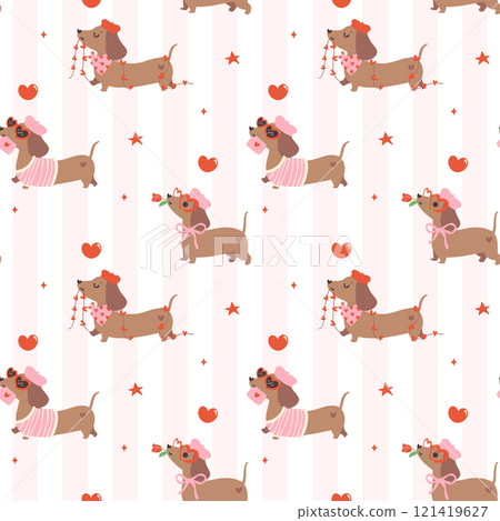 Retro Valentine Dachshund Pattern Seamless Cute Groovy sausage dog Wallpaper isolated on background Retro Valentine Dachshund Pattern Seamless Cute Groovy sausage dog Wallpaper isolated on background 121419627