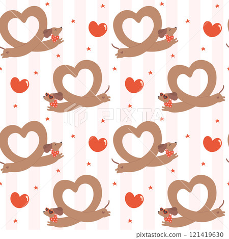 Valentine Dachshund Heart Shape Pattern Seamless Cute Groovy sausage dog Wallpaper isolated on background Valentine Dachshund Heart Shape Pattern Seamless Cute Groovy sausage dog Wallpaper isolated on background 121419630