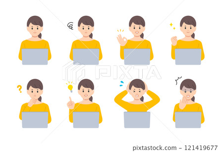 一群年輕女性一邊看電腦一邊做出各種表情和姿勢【人物向量圖素材】 一群年輕女性一邊看電腦一邊做出各種表情和姿勢【人物向量圖素材】 121419677