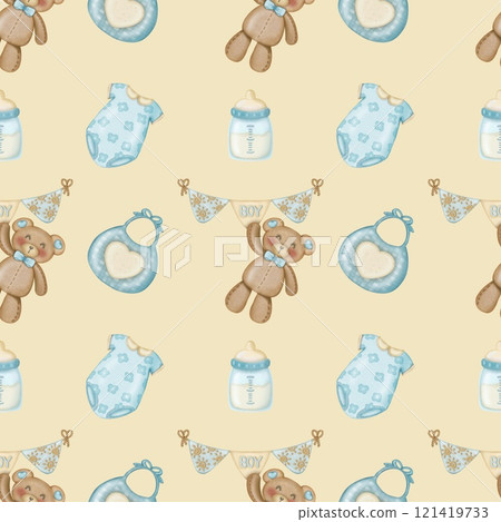 Baby cute bear seamless pattern hand drawn on cream color background, Children's design. Ideal for children's textiles. 121419733
