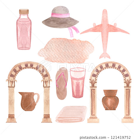 Summer vacations. Airplane, ancient site, pottery, sun hat, flip flops watercolor seamless pattern isolated on white. Hand drawn for stationary, souvenir decor and design, wrapping paper. Historical Summer vacations. Airplane, ancient site, pottery, sun hat, flip flops watercolor seamless pattern isolated on white. Hand drawn for stationary, souvenir decor and design, wrapping paper. Historical 121419752