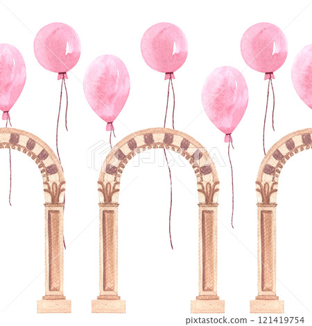Stone greek ancient classic arch and pink balloons seamless border isolated on white. High quality architecture watercolor illustration for cards, posters, tape, decor and design. Decorative residence Stone greek ancient classic arch and pink balloons seamless border isolated on white. High quality architecture watercolor illustration for cards, posters, tape, decor and design. Decorative residence 121419754
