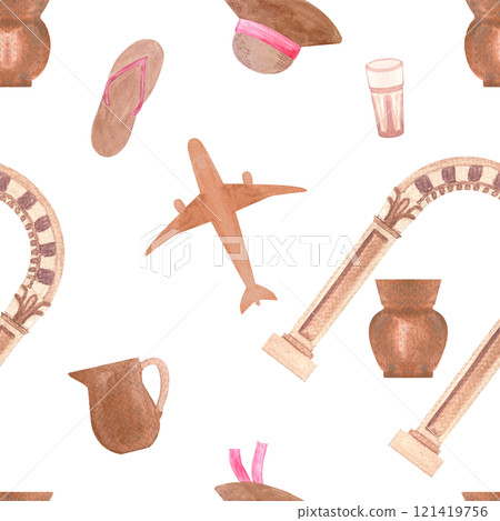 Summer vacations. Airplane, ancient site, pottery, sun hat, flip flops watercolor seamless pattern isolated on white. Hand drawn for stationary, souvenir decor and design, wrapping paper. Historical Summer vacations. Airplane, ancient site, pottery, sun hat, flip flops watercolor seamless pattern isolated on white. Hand drawn for stationary, souvenir decor and design, wrapping paper. Historical 121419756