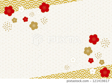 Stylish Japanese paper New Year's card background with Japanese patterns and plum blossoms 1 121419817