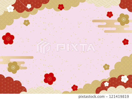 日式雲朵梅花舞動的和紙新年賀卡背景材料3 121419819