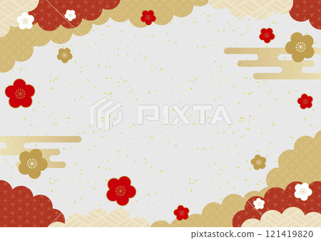 日式雲朵梅花舞動的和紙新年賀卡背景材料2 121419820