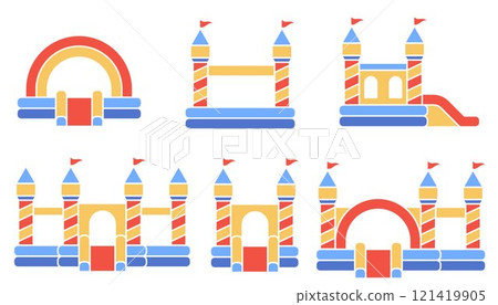 Bouncy castle color icons set. Inflatable house vector trampoline with slide for jumping. Playground pictograms for kids zone amusement park and summer party. Inflated elastic equipment 121419905