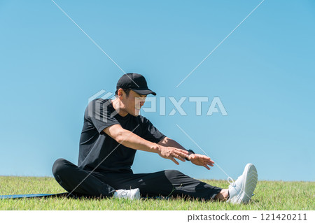 Stiff man, stretching, flexibility exercises, warming up 121420211