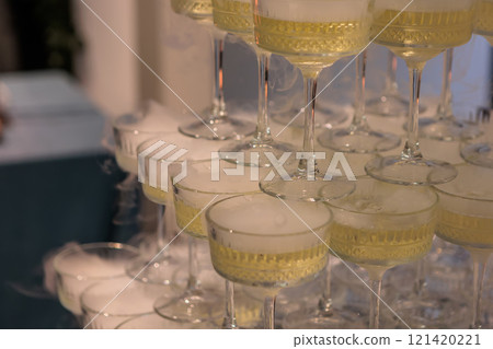 Towering pyramid of champagne glasses filled with bubbly 121420221