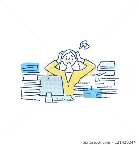 A woman business person holding a lot of documents and her head 121420244