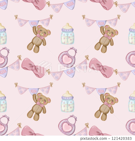 Baby girl cute bear seamless pattern hand drawn on pink color background,for children's textiles. Baby girl cute bear seamless pattern hand drawn on pink color background,for children's textiles. 121420383