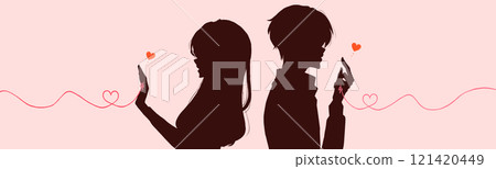 一個男人和一個女人背靠背站著的半身剪影，命運的紅線綁在一起 121420449