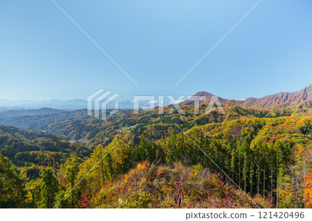 Ichinoyayama, the Northern Alps, and autumn leaves [taken from the Daibo Pass Observatory] 121420496