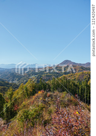 Ichinoyayama, the Northern Alps, and autumn leaves [taken from the Daibo Pass Observatory] 121420497