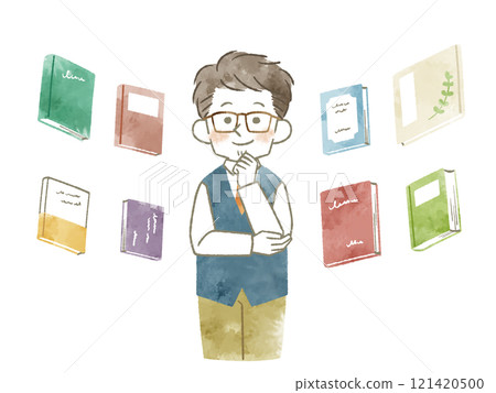 一個男人思考各種書籍 — 水彩 121420500