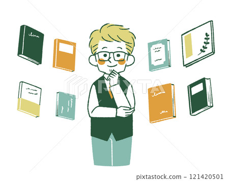 一個男人思考各種書籍 - 4 種顏色 121420501
