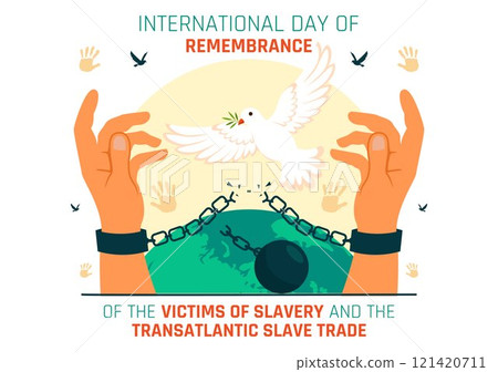 International Day of Remembrance of the Victims of Slavery and the Transatlantic Slave Trade Vector Illustration Featuring Broken Handcuffs on Hands 121420711