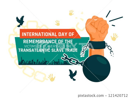 International Day of Remembrance of the Victims of Slavery and the Transatlantic Slave Trade Vector Illustration Featuring Broken Handcuffs on Hands 121420712