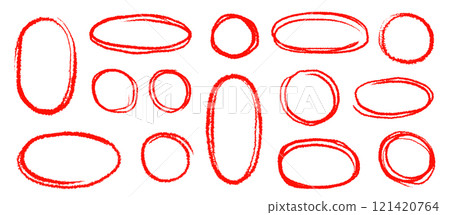 Hand drawn red highlight oval frame shape set. Doodle crayon pencil, marker brush stroke oval underline element pack. Hand drawn pencil stroke sketch marker vector 121420764