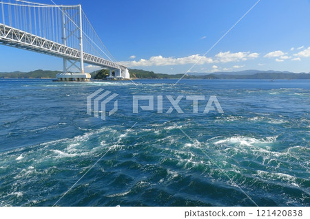 The whirlpools of the Naruto Strait, with the Onaruto Bridge standing out against the blue sky 121420838