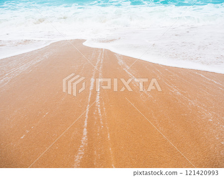 Travel Sea Nature Concept, Shore Sand Water Blue Ocean blur Background, View Calm Texture Wave Surface Beach with Horizon, Island Beautiful Landscape for Card Tourism Holidays Vacation Relax Tropical. 121420993