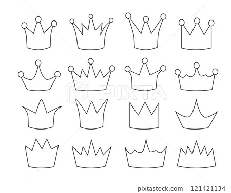 Set of outline, Line art crowns. Simple icons with crowns of kings, princes, monarchs and queens. Flat vector illustration collection. 121421134