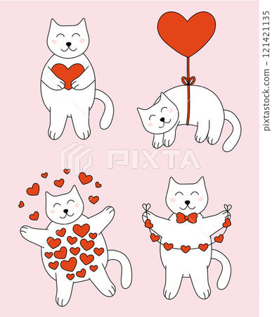 Set of Valentine day Cat characters. Vector flat illustration. 121421135