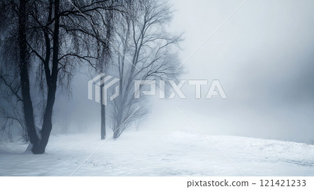 Winter beautiful landscape with heavy frost and fog. AI Generated. 121421233