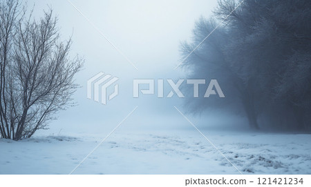 Winter beautiful landscape with heavy frost and fog. AI Generated. 121421234