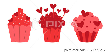 Set of Red Valentine Day Cupcakes. Vector flat illustration. 121421237