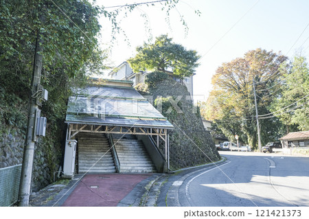 A wooden roof on Takizaka in front of Numata Station 121421373