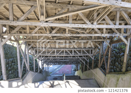 A wooden roof on Takizaka in front of Numata Station 121421376