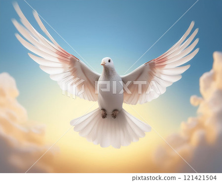 Dove in the air with wings wide open in-front of the sky. AI Generated. 121421504
