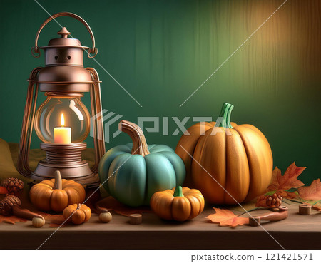 Autumn arrangement with pumpkins and rusty lantern. pumpkins on the old wooden background. AI Generated. 121421571